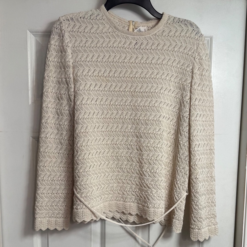 90s Vtg‎ Castleberry Beige Chevron Lace Mesh Top Tie Waist Scalloped Trim
